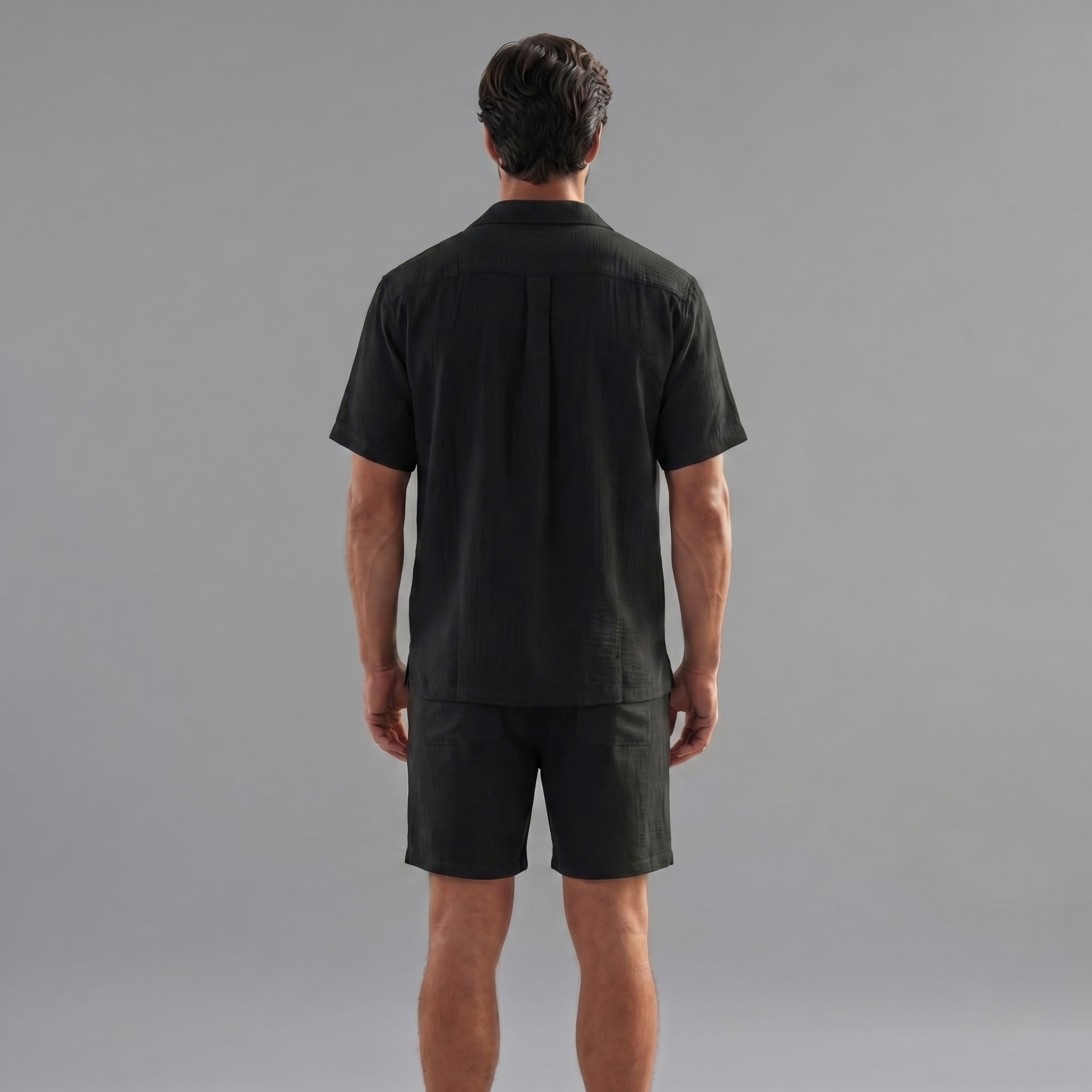 Mens Ribbed Short Sleeve Collar Shirt And Elastic Waist Two Piece Set