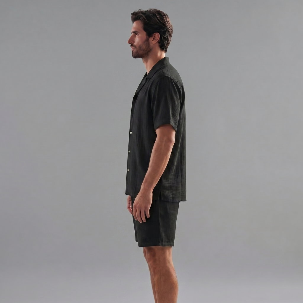 Mens Ribbed Short Sleeve Collar Shirt And Elastic Waist Two Piece Set