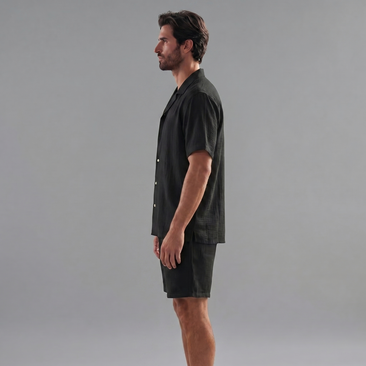 Mens Ribbed Short Sleeve Collar Shirt And Elastic Waist Two Piece Set