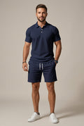 Classic Mens Textured Short Sleeve Polo And Drawstring Shorts Set
