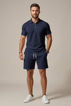 Classic Mens Textured Short Sleeve Polo And Drawstring Shorts Set