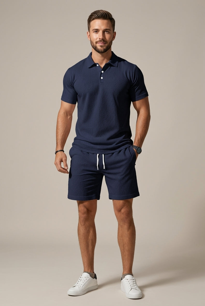 Classic Mens Textured Short Sleeve Polo And Drawstring Shorts Set