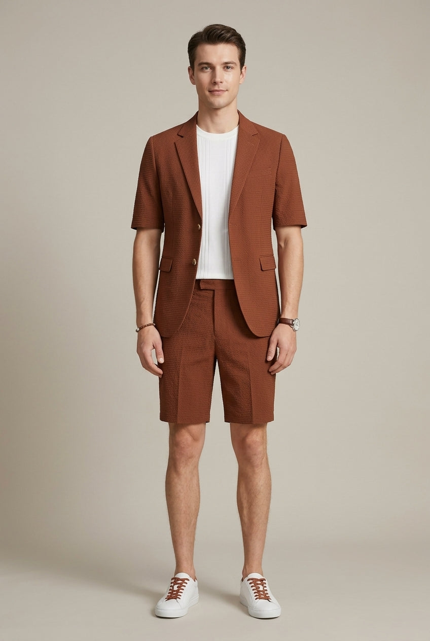 Men's Textured Short Sleeve Single Button Blazer And Shorts Set
