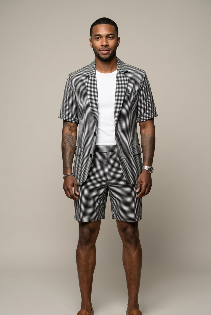 Men's Check Two-Piece Suit Short Sleeve Blazer And Matching Shorts