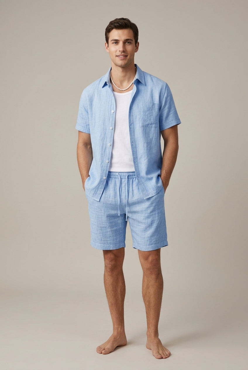 Classic Men's Linen Blend Short Sleeve Shirt With Drawstring Shorts Two Piece Casual Set