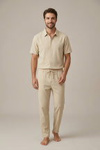 Mens Textured Short Sleeve Shirt With Drawstring Trousers Set