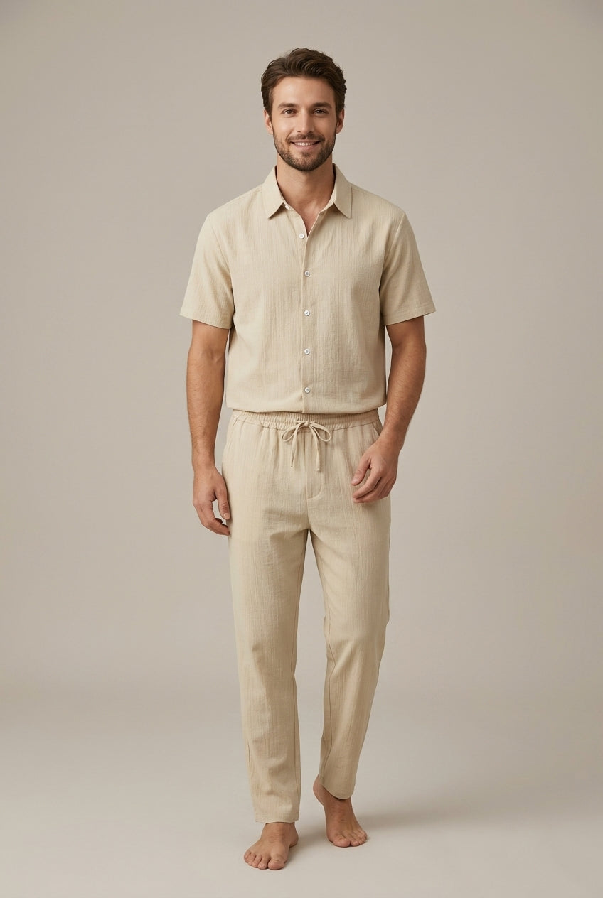Mens Textured Short Sleeve Shirt With Drawstring Trousers Set