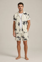 Men Palm Print Short Sleeve Shirt With Drawstring Shorts Summer Set