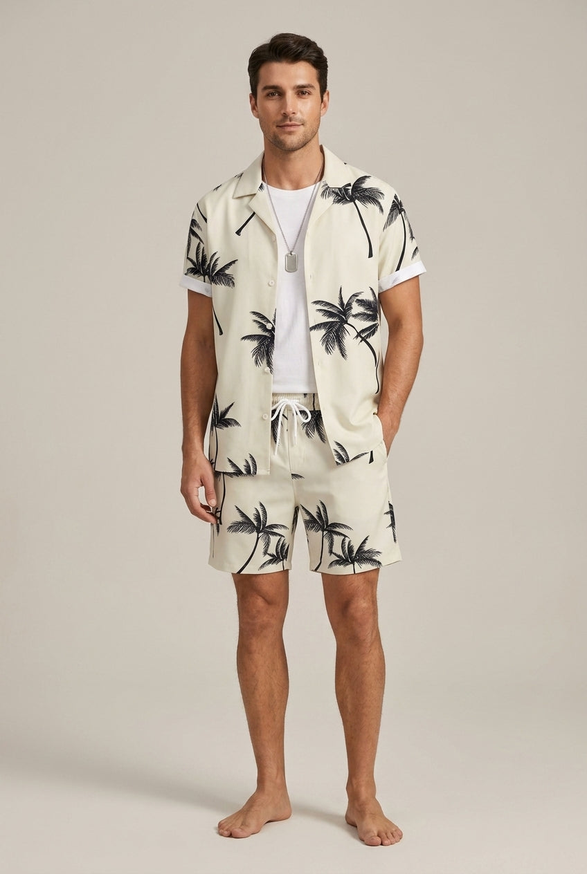 Men Palm Print Short Sleeve Shirt With Drawstring Shorts Summer Set