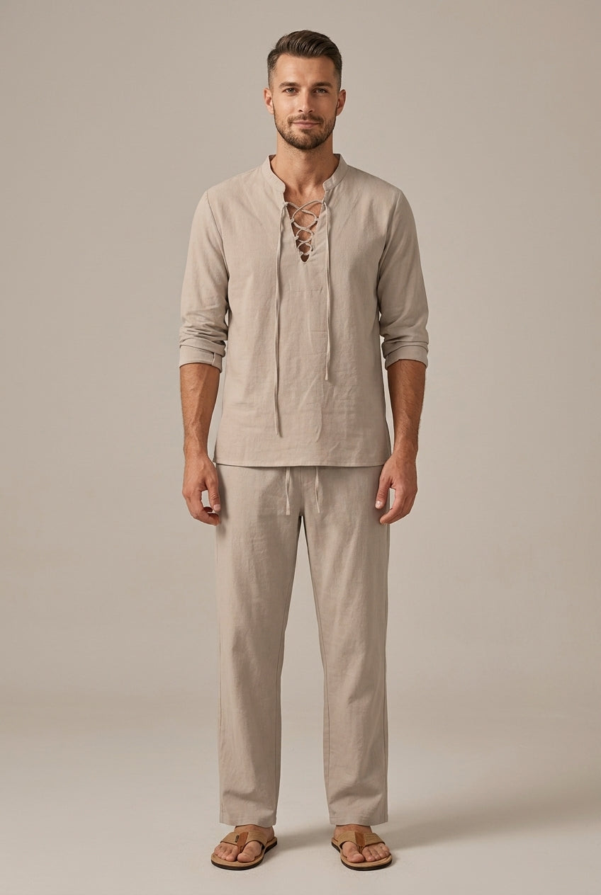 Men's Linen Blend Two Piece Set With Lace Up V Neck Casual Shirt