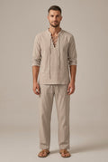 Men's Linen Blend Two Piece Set With Lace Up V Neck Casual Shirt