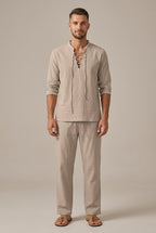 Men's Linen Blend Two Piece Set With Lace Up V Neck Casual Shirt