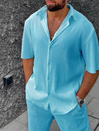 Men's Striped Camp Collar Two-Piece Set With Short Sleeve Shirt And Trousers