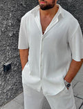 Men's Striped Camp Collar Two-Piece Set With Short Sleeve Shirt And Trousers