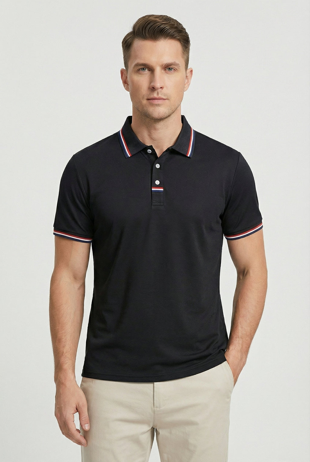 Men's Cotton Short Sleeve Polo Shirt With Contrasting Striped Trim