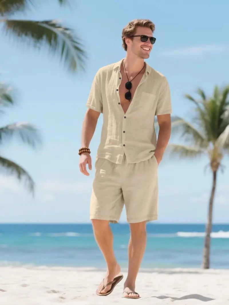 Men's Relaxed Linen Two Piece Set With Button Down Shirt And Shorts