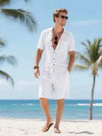 Men's Relaxed Linen Two Piece Set With Button Down Shirt And Shorts