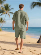 Men's Relaxed Linen Two Piece Set With Button Down Shirt And Shorts