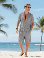 Men's Relaxed Linen Two Piece Set With Button Down Shirt And Shorts