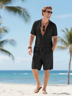 Men's Relaxed Linen Two Piece Set With Button Down Shirt And Shorts