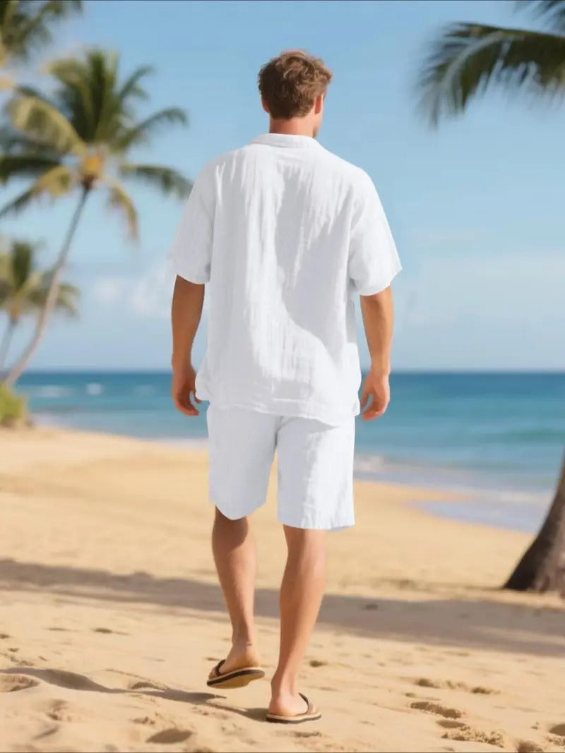 Men's Relaxed Linen Two Piece Set With Button Down Shirt And Shorts