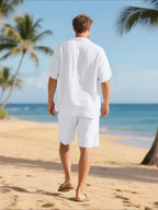 Men's Relaxed Linen Two Piece Set With Button Down Shirt And Shorts