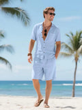 Men's Relaxed Linen Two Piece Set With Button Down Shirt And Shorts