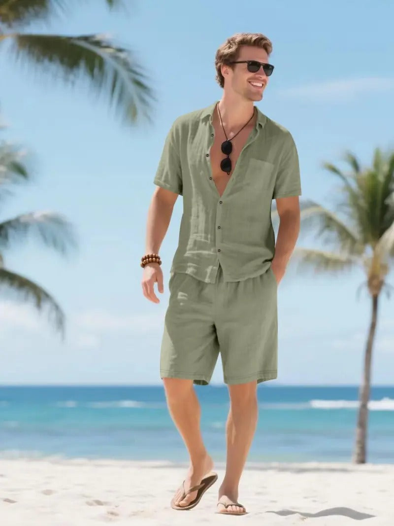 Men's Relaxed Linen Two Piece Set With Button Down Shirt And Shorts