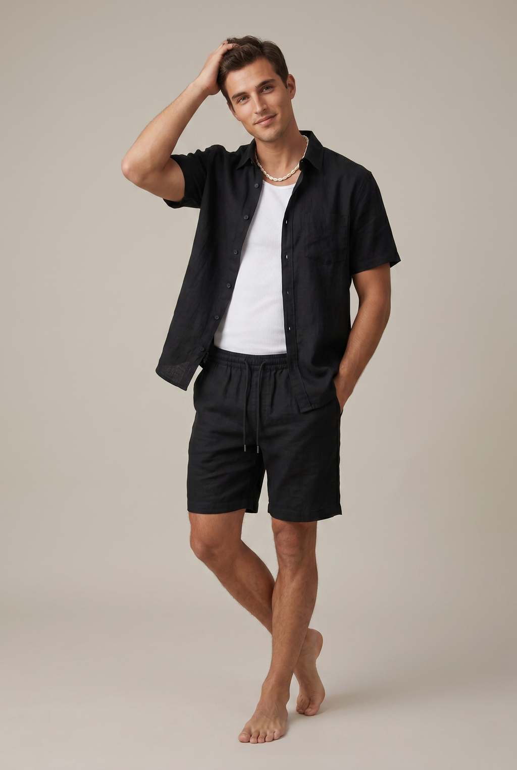 Classic Men's Linen Blend Short Sleeve Shirt With Drawstring Shorts Two Piece Casual Set