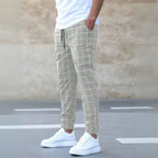 Men Windowpane Check Slim Fit Chino Trousers With Elastic Waist