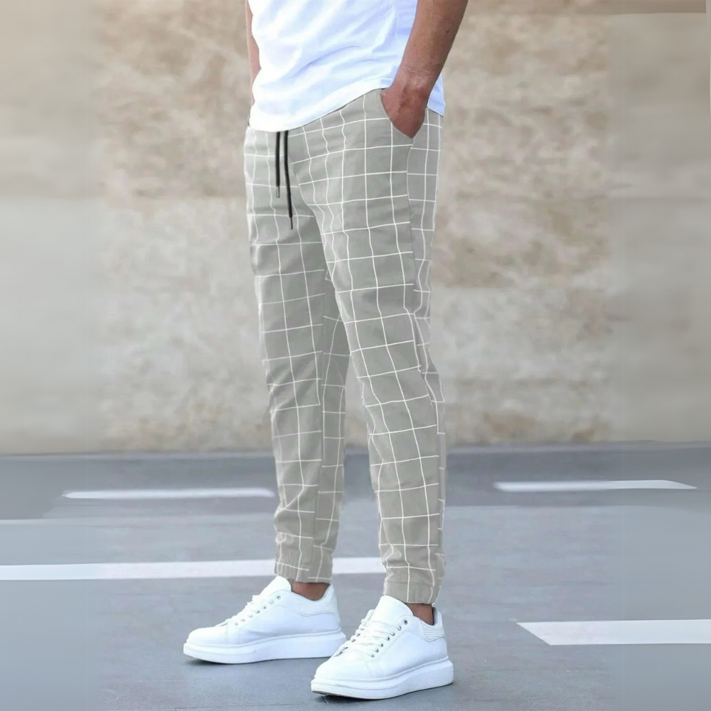 Men Windowpane Check Slim Fit Chino Trousers With Elastic Waist