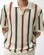 Men Relaxed Fit Polo Shirt With Cream Rust And Olive Vertical Stripe Print