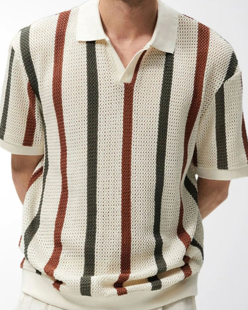 Men Relaxed Fit Polo Shirt With Cream Rust And Olive Vertical Stripe Print