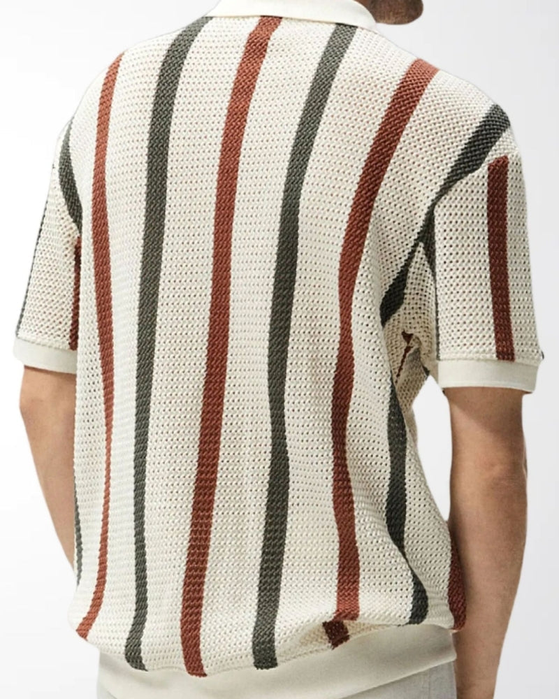 Men Relaxed Fit Polo Shirt With Cream Rust And Olive Vertical Stripe Print