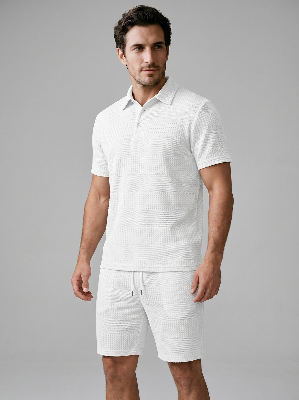 Men's Textured Waffle Knit Polo Top And Drawstring Shorts Set