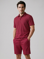 Men's Textured Waffle Knit Polo Top And Drawstring Shorts Set