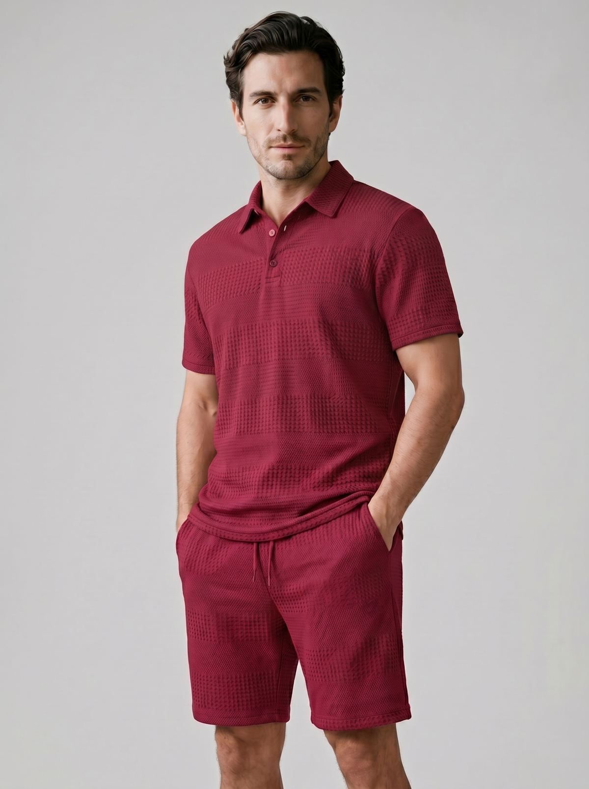 Men's Textured Waffle Knit Polo Top And Drawstring Shorts Set