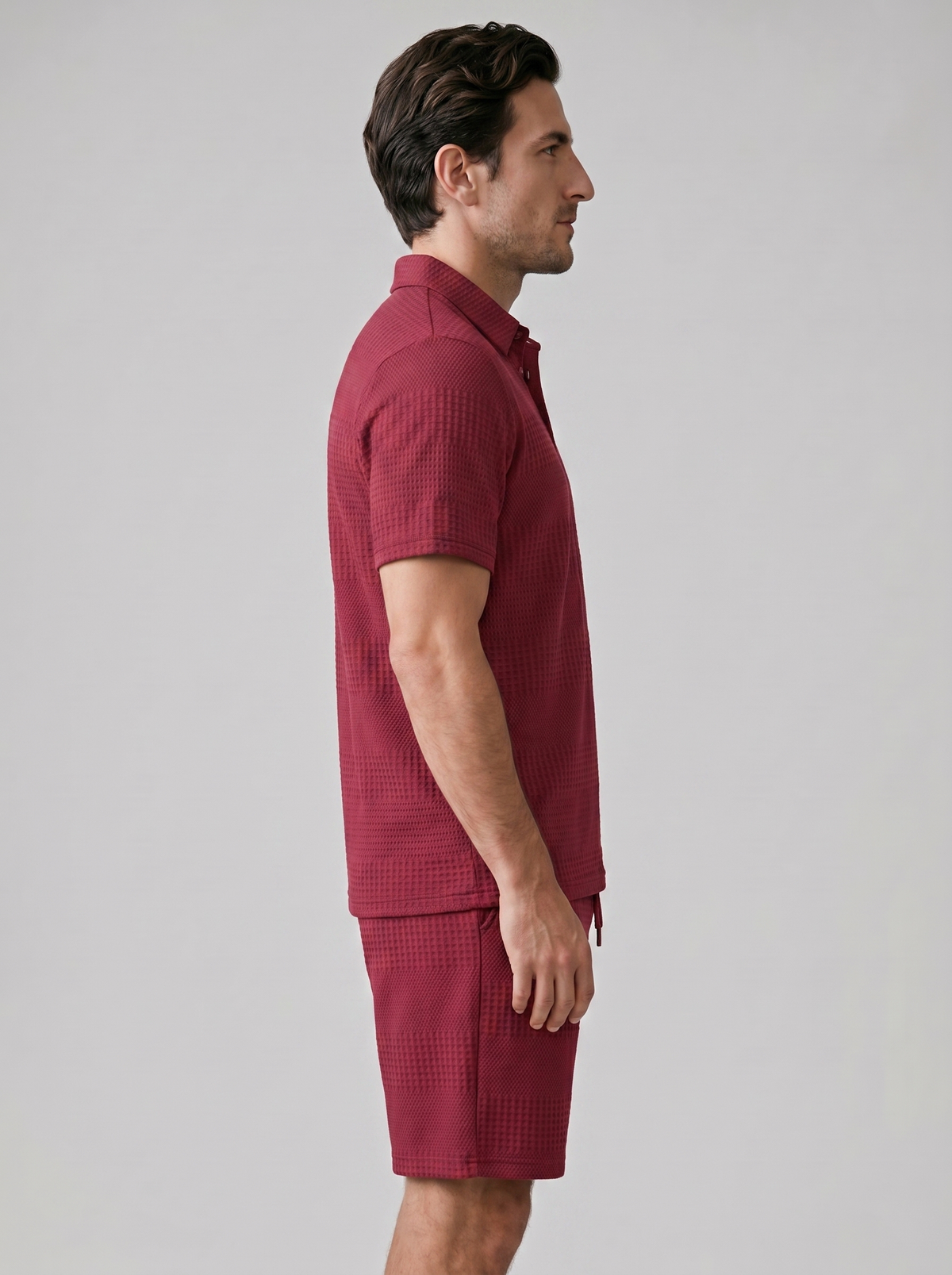 Men's Textured Waffle Knit Polo Top And Drawstring Shorts Set