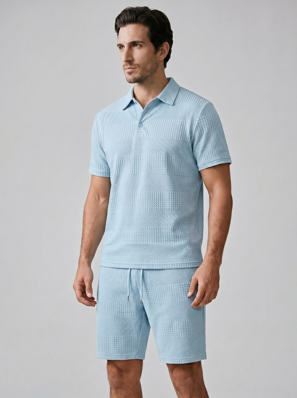 Men's Textured Waffle Knit Polo Top And Drawstring Shorts Set