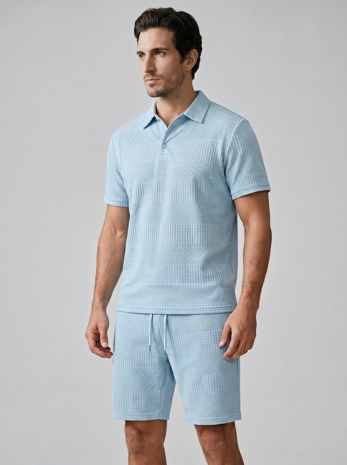 Men's Textured Waffle Knit Polo Top And Drawstring Shorts Set