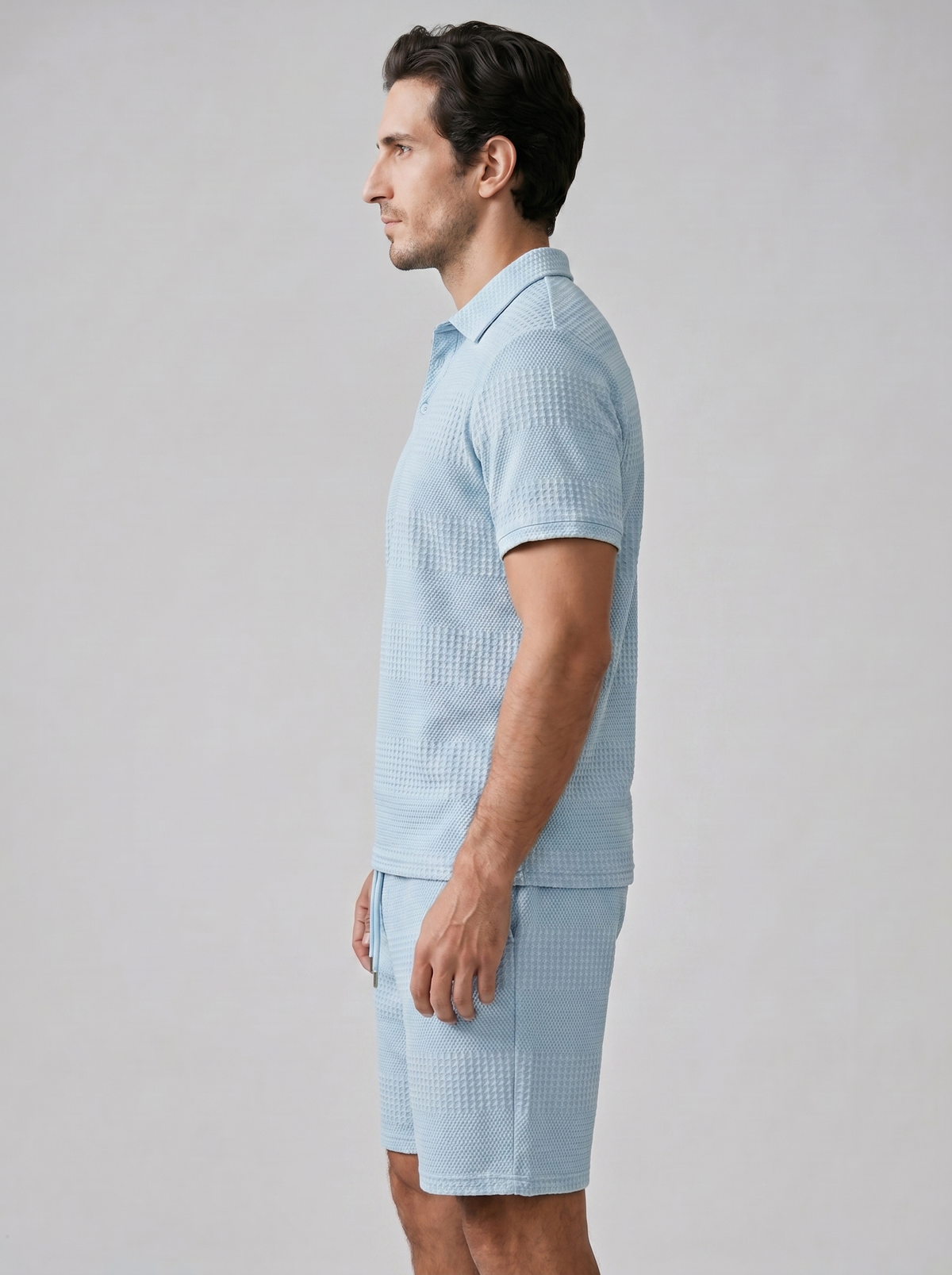 Men's Textured Waffle Knit Polo Top And Drawstring Shorts Set