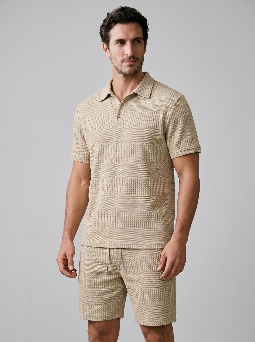 Men's Textured Waffle Knit Polo Top And Drawstring Shorts Set