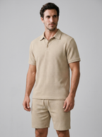 Men's Textured Waffle Knit Polo Top And Drawstring Shorts Set