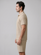 Men's Textured Waffle Knit Polo Top And Drawstring Shorts Set