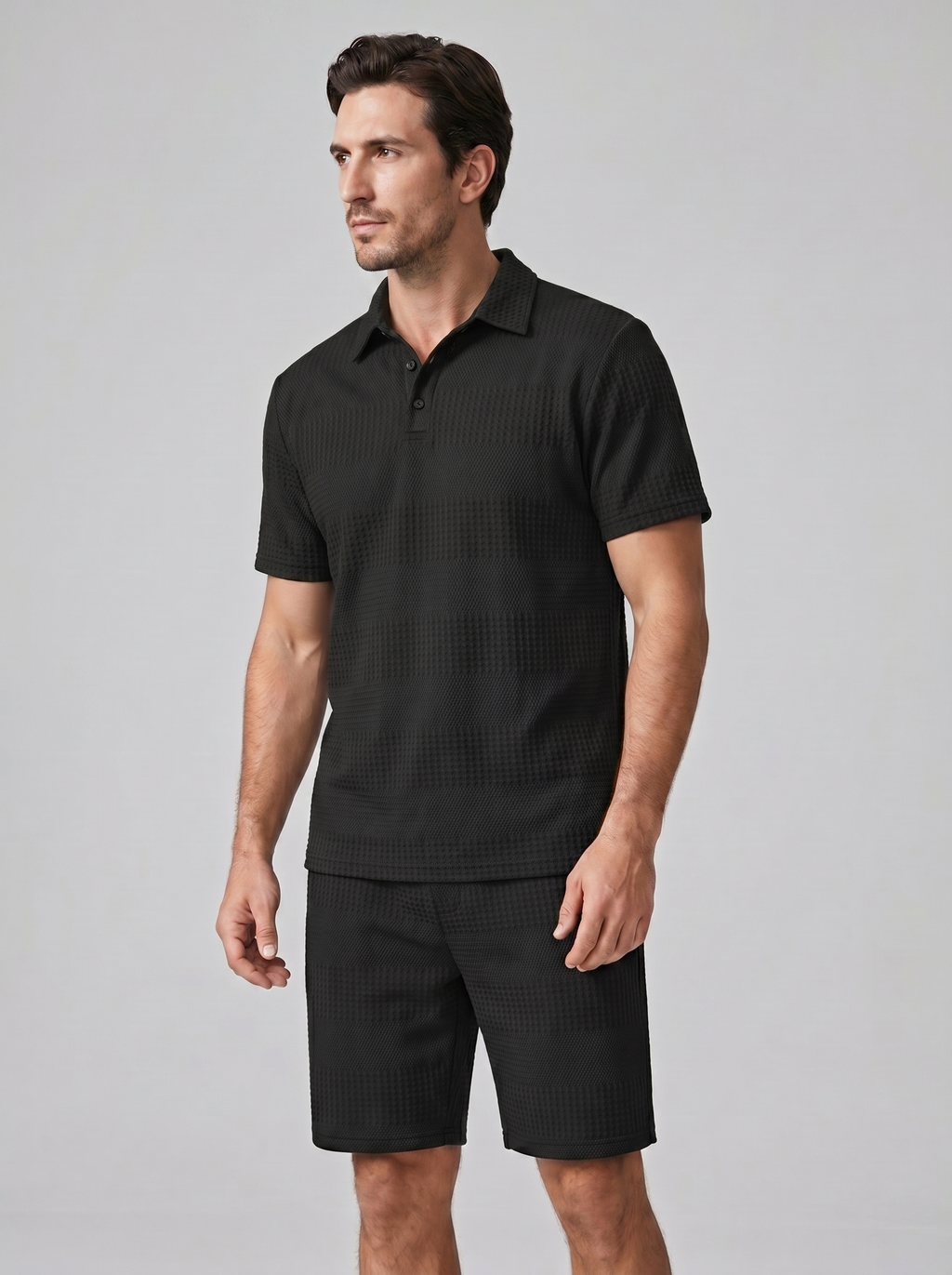 Men's Textured Waffle Knit Polo Top And Drawstring Shorts Set