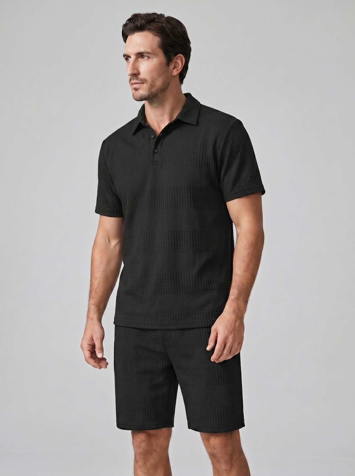 Men's Textured Waffle Knit Polo Top And Drawstring Shorts Set