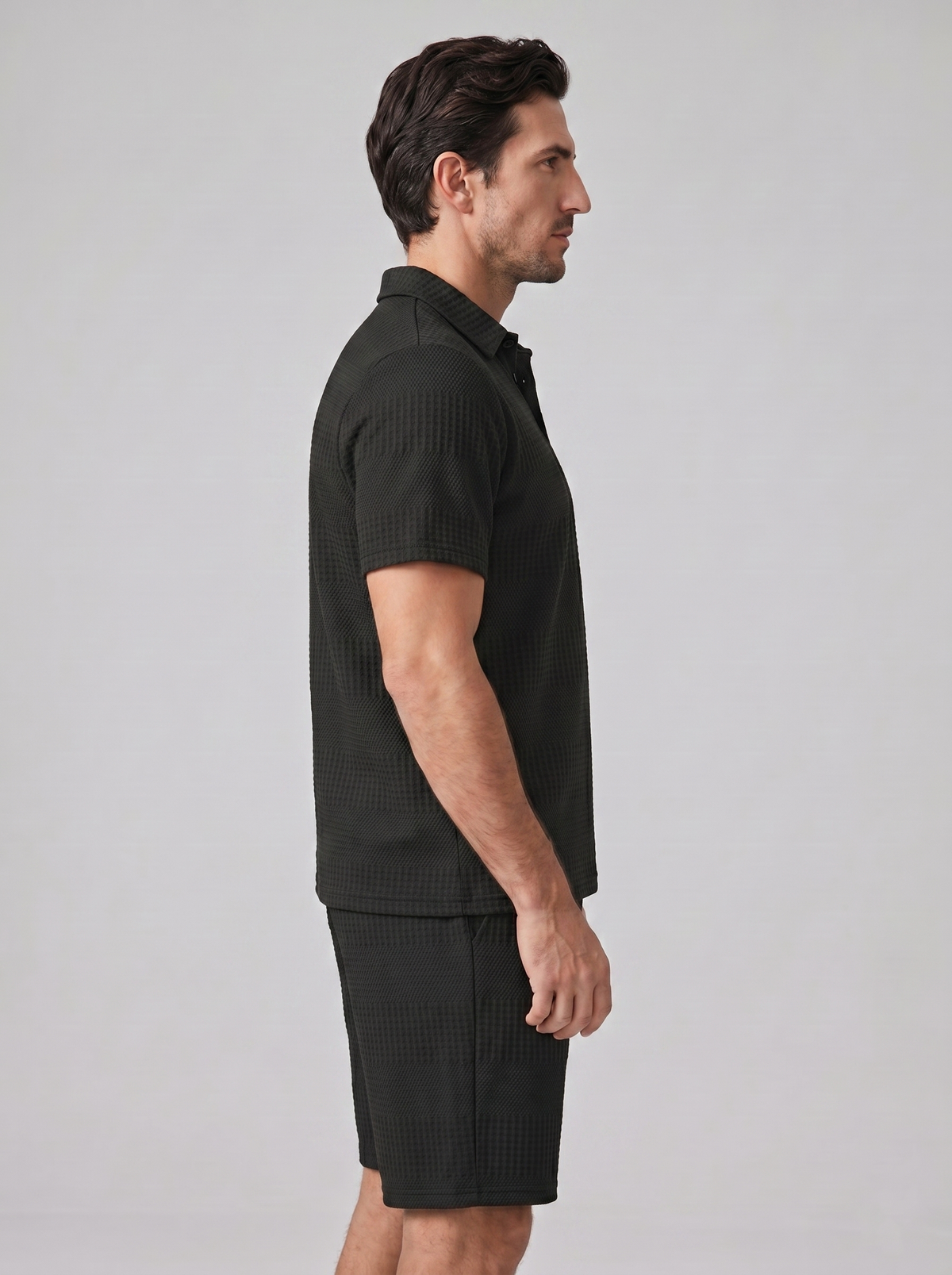 Men's Textured Waffle Knit Polo Top And Drawstring Shorts Set