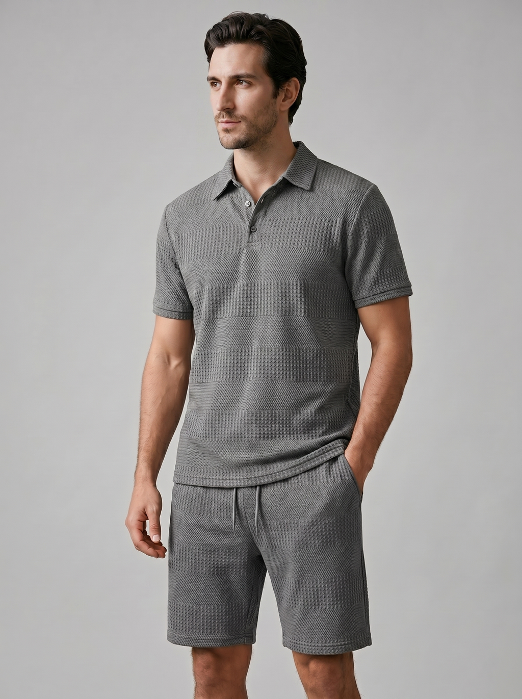 Men's Textured Waffle Knit Polo Top And Drawstring Shorts Set
