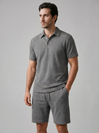 Men's Textured Waffle Knit Polo Top And Drawstring Shorts Set