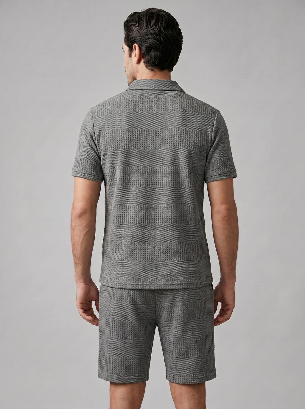 Men's Textured Waffle Knit Polo Top And Drawstring Shorts Set